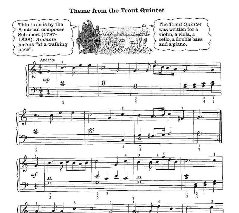 Op de afbeelding: Een blad met bladmuziek met de titel "Thema uit het Forellenkwintet" en de tekst "Deze melodie is van de Oostenrijkse componist Schubert (1797-1828). Andante betekent "in een wandeltempo."." De muziek is geschreven in vioolsleutel en basssleutel met noten en rusten. De tekst "Het Forellenkwintet is geschreven voor een viool, een altviool, een cello, een contrabas en een piano." is ook inbegrepen.