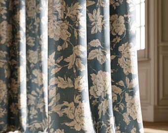 Blue Floral Linen Curtains, Botanical Drapes, Cottagecore Window Panels, Farmhouse Decor
