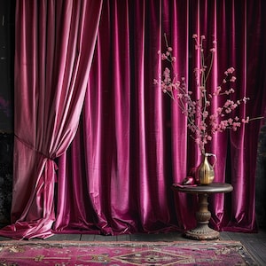 May include: A pair of velvet curtains in shades of pink and purple, with a vase of pink flowers and a small table in front of them.