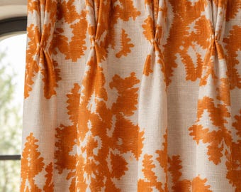 Orange  Floral Linen Curtains, Botanical Drapes, Cottagecore Window Panels, Farmhouse Decor