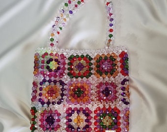 Sac de perles carré grand-mère, carré grand-mère, sac en perles de cristal, cadeau fête des mères, sac à bandoulière, sac de perles vintage, sac fait main, cadeau maman