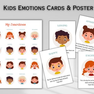 Tarjetas de emociones para niños Póster de sentimientos para niños pequeños Escritura cristiana Versículo bíblico Tarjetas flash Estados de ánimo para niños Sentimientos preescolares Descarga digital