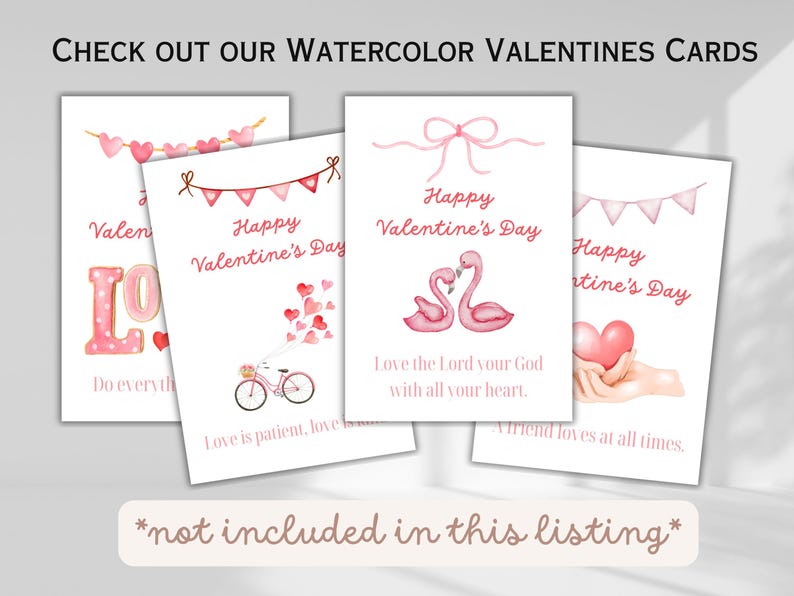May include: Four watercolor Valentine's Day cards with pink and white designs. The cards feature a bicycle, a heart, flamingos, and a banner with the text "Happy Valentine's Day".