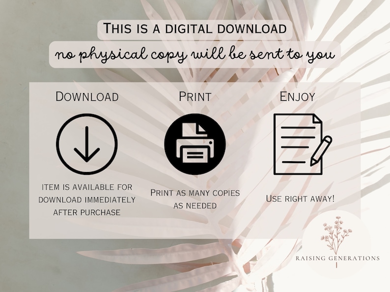 Puede incluir: Un gr&aacute;fico de descarga digital con el texto "THIS IS A DIGITAL DOWNLOAD no physical copy will be sent to you". El gr&aacute;fico tiene tres secciones: "DOWNLOAD", "PRINT" y "ENJOY". Cada secci&oacute;n tiene un icono y un texto que describe el proceso. El gr&aacute;fico est&aacute; sobre un fondo rosa claro con un patr&oacute;n de hojas de palma blancas.