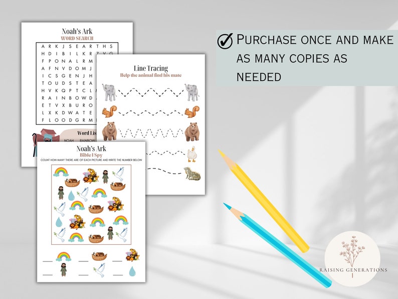 May include: Three printable worksheets for kids featuring Noah's Ark. The first worksheet is a word search puzzle, the second is a line tracing activity, and the third is a 'I Spy' game.