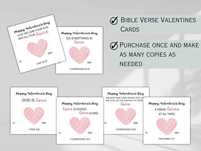 May include: Printable Valentine's Day cards with pink hearts and Bible verses. The cards feature different verses about love, including "Love the Lord your God with all your heart" (Luke 10:27), "God is love" (1 John 4:8), and "Love is patient, love is kind" (1 Corinthians 15:4).