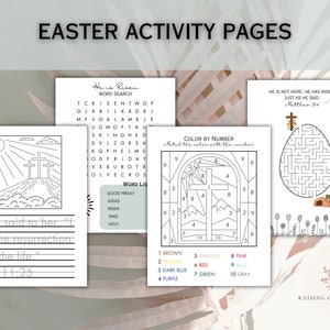 Christian Easter Activity Pages for Kids | Sunday School Easter Sunday Craft | Easter Word Search, He is Risen Maze, Color by Number, Color