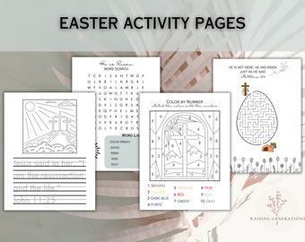 Christian Easter Activity Pages for Kids | Sunday School Easter Sunday Craft | Easter Word Search, He is Risen Maze, Color by Number, Color