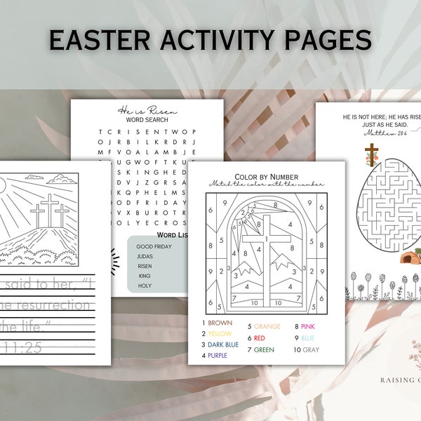 Christian Easter Activity Pages for Kids | Sunday School Easter Sunday Craft | Easter Word Search, He is Risen Maze, Color by Number, Color