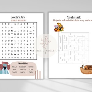 May include: A printable worksheet with a word search puzzle and a maze. The word search puzzle features the words Noah, Ark, Rainbow, Water, Animals, Dove, Flood, Earth, and Faith. The maze features a path for animals to find their way to Noah's Ark.