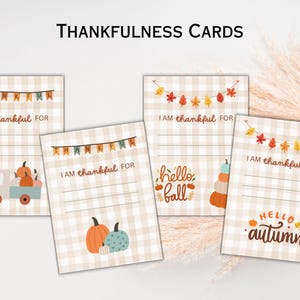 Bedankkaarten Ik ben dankbaar voor kaarten Afdrukbare dankbaarheidskaarten Thanksgiving of vriendschap Dankbare tafelkaarten Pompoenen Herfstbladeren