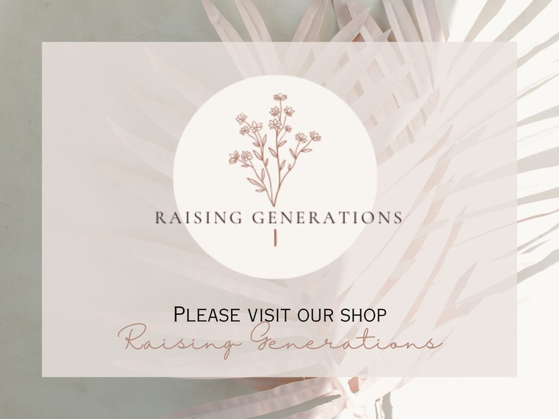 Puede incluir: Un fondo blanco con un dise&ntilde;o floral rosa. El texto "Raising Generations" est&aacute; en marr&oacute;n con una peque&ntilde;a ilustraci&oacute;n floral sobre el texto. Debajo del texto est&aacute; la frase "Please visit our shop" en marr&oacute;n. El texto "Raising Generations" est&aacute; en cursiva marr&oacute;n debajo de la frase.