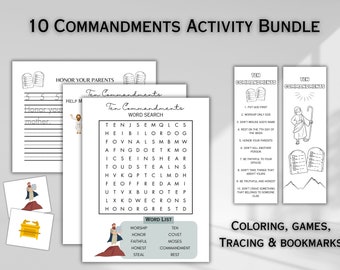 10 Commandments Printable Activity | Word Search, Maze, Memory Matching, Tracing, Color Bookmarks, I Spy | Exodus | Digital Download | Craft