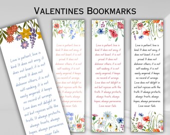 Valentines Bible Verse Bookmarks Printable Floral Valentines Church Favor DIY Christian Valentines card 1 Corinthians 13 Craft God's Love