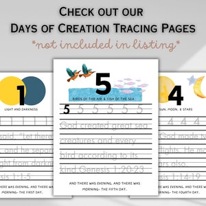 May include: Three printable tracing pages for kids featuring the days of creation. Each page has a watercolor illustration, a number, and a Bible verse. The pages are designed to help children learn about the creation story and practice their handwriting.