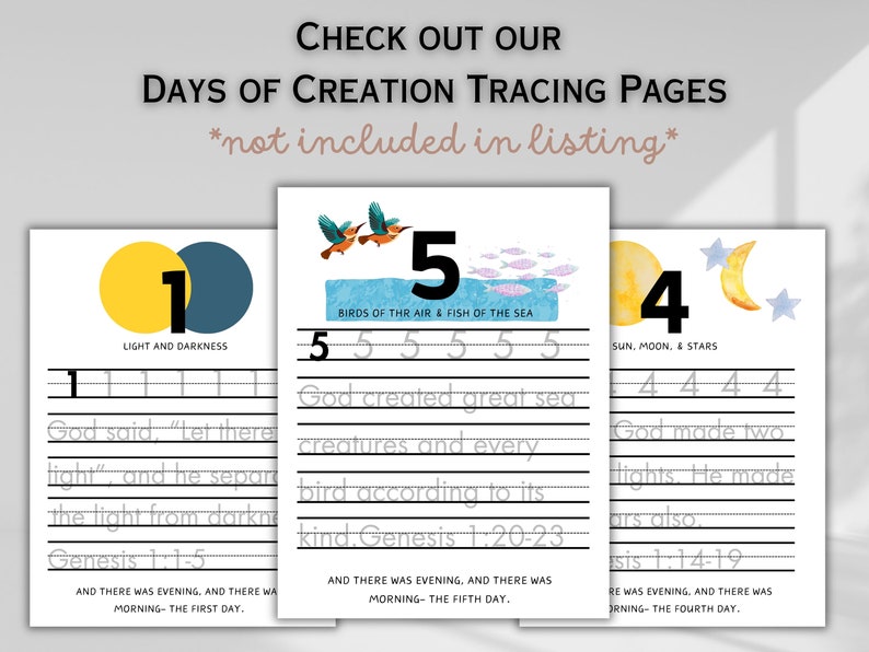 May include: Three printable tracing pages for kids featuring the days of creation. Each page has a watercolor illustration, a number, and a Bible verse. The pages are designed to help children learn about the creation story and practice their handwriting.
