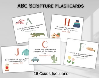 Karty z wersetami biblijnymi ABC Karty z wersetami biblijnymi do druku Karty z wersetami biblijnymi alfabetu dla dzieci Chrześcijańska aktywność biblijna dla przedszkolaków do pobrania w wersji cyfrowej