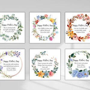 Puede incluir: Seis tarjetas imprimibles con coronas de flores de acuarela y citas inspiradoras sobre las madres. Cada tarjeta presenta un dise&ntilde;o de corona de flores diferente y un vers&iacute;culo b&iacute;blico sobre las madres. Las tarjetas son perfectas para regalos del D&iacute;a de la Madre o decoraciones.