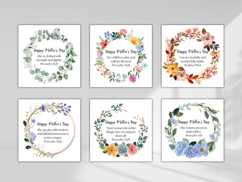 Puede incluir: Seis tarjetas imprimibles con coronas de flores de acuarela y citas inspiradoras sobre las madres. Cada tarjeta presenta un dise&ntilde;o de corona de flores diferente y un vers&iacute;culo b&iacute;blico sobre las madres. Las tarjetas son perfectas para regalos del D&iacute;a de la Madre o decoraciones.