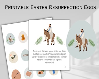 May include: Printable Easter Resurrection Eggs with illustrations of a rooster, a crown of thorns, a spear, a blanket, a dovecote, a donkey, and a money bag. The text reads "The crowds that went ahead of him and those that followed shouted, 'Hosanna to the Son of David!' 'Blessed is he who comes in the name of the Lord!' 'Hosanna in the highest!' Matthew 21:9"