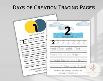 7 Days of Creation Tracing Pages Printable Bible Activity Scripture Tracing Sunday School Tracing Numbers Sheets Kids Bible Study Digital