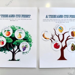 May include: Two printable worksheets with a tree and its fruit. The first worksheet shows a tree with fruit representing good qualities like patience, praying, sharing, and obeying. The second worksheet shows a tree with fruit representing bad qualities like lying, stealing, gossiping, jealousy, and pride. The text on the worksheets reads "A Tree and Its Fruit" and includes Bible verses from Matthew 7:17-19.