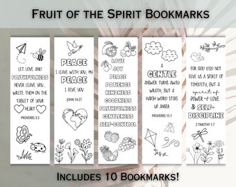 10 Fruit of the Spirit Coloring Bookmarks for Kids | Printable Sunday School Craft | Christian Bible Verse Coloring Pages | Digital Download