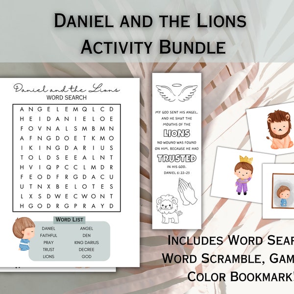 Daniel and the Lions Den Craft Sunday School Activity Page Bible Games Word Search Bible Study for Kids Prayer Bible Lesson Digital Download