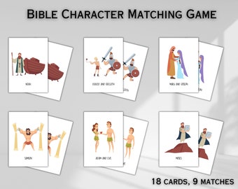 Puede incluir: Un juego de 18 cartas coloridas con ilustraciones de personajes y historias bíblicas. Las cartas están diseñadas para un juego de memoria, con 9 pares de imágenes coincidentes. El texto en las cartas incluye nombres como Noé, David y Goliat, María y José, Sansón, Adán y Eva, y Moisés.