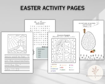 Páginas de actividades cristianas de Pascua para niños / Manualidades de Pascua para la escuela dominical / Sopa de letras de Pascua, Laberinto "Él ha resucitado", Colorea por números, Colorea