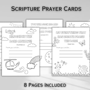 Plantilla de tarjeta de oración con 8 escrituras para niños, Escuela dominical, Actividad bíblica de educación en el hogar, Tarjetas de petición de oración para niños, Páginas en color de oración
