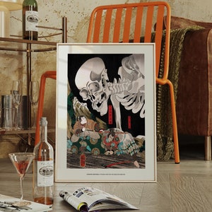 Utagawa Kuniyoshi Mitsukuni Defying the Skeleton Specter Print, Japanese Ukiyo-e Art, Vintage Samurai Illustration, Matte Paper Wall Decor