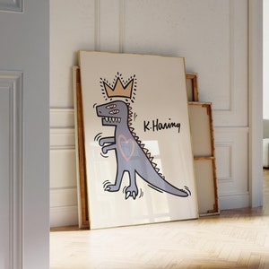 Poster Dino del Re della Pop Art, stampa di dinosauri ispirata a Keith Haring, arredamento per ufficio vibrante, arte da parete audace, arredamento per la casa, stampa su carta ecologica opaca