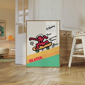 Keith Haring Skater Poster, lebhafte Wandkunst, 1980er Jahre Pop-Art-Dekor, Retro Skateboard Illustration, kräftiges Wohndekor-Poster
