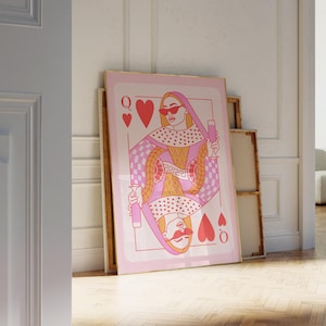 Affiche d'art moderne Reine de coeur, cartes à jouer mode chic, illustration de la reine des cartes rose audacieuse, affiche de cartes à jouer, impression d'affiche rose.