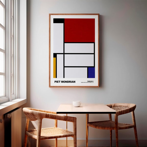 Piet Mondrian Tableau I Print, Classic Modern Art, Red Blue Yellow Wall Art, Abstract Geometric Decor, Bedroom Wall Art Ideas.