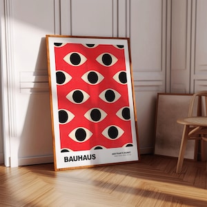 Bauhaus Stylized Eye Poster, Red and White Abstract Art, Minimalist Design Print, Printed Wall Art Ideas For Home And Office.