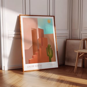 Galerie Bohème Marokkanisch inspirierter Druck, Warme Wüstentöne, Architektonische Treppe, Kaktus unter der Sonne, Fine Art Papier