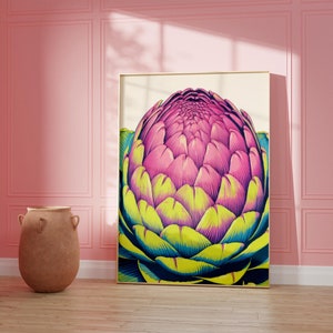 Impresión de flora radiante, póster gastronómico, arte de pared de alimentos, arte botánico rosa y amarillo exuberante para el hogar, arte de pared impreso para la cocina