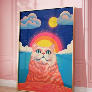 Lustiges Katzenplakat, Katzenliebhaber-Wandkunst, Schnurrhaare bei Sonnenuntergang, lebendige Katze inmitten der Dämmerungs-Wandkunst