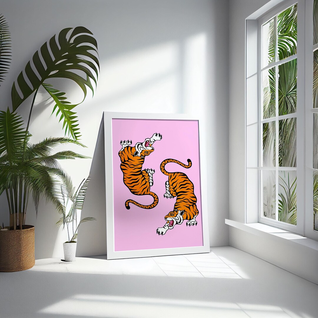 Fierce Tigers Art Print, Bold Pink Poster, Pink Tiger Poster, Animated ...