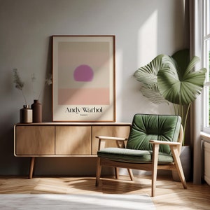 Serie Sunset di Andy Warhol, tenui tonalità pastello, pop art minimalista, stampa poster rilassante al crepuscolo per il salotto, carta opaca per belle arti.