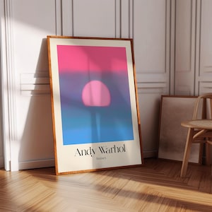 Andy Warhol Sunset Print, rosa und blaues Farbverlaufsposter, ikonenhafte Pop Art Wanddekoration, Andy Warhol Print für Zuhause, Mattpapierwandkunst.