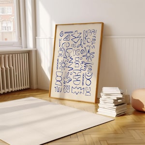 Impresión de arte de garabato abstracto, arte de pared de boceto azul juguetón, decoración ecléctica del hogar, póster de ilustración creativa moderna, impresión de papel mate premium