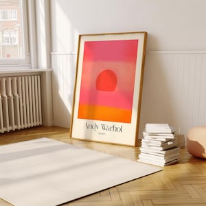 Impresión de la serie Sunset de Andy Warhol, resplandor ambiental rosa, minimalismo del arte pop, impresión de carteles de cielo luminoso, ideas de arte de pared del dormitorio.