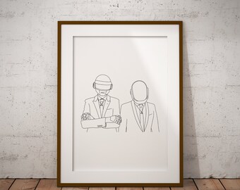 Daft Punk Minimalist Line Drawing Poster Print - Hand Drawn Dance & House Music Icons Wall Art