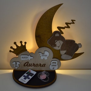 Veilleuse bébé ours sur la lune, éclairage personnalisé pour chambre de bébé, télécommande, cadeau baby shower, cadeau nouveau-né