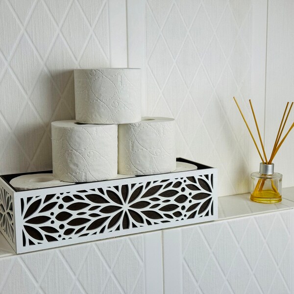 Porte-rouleau de bain en bois d'if - Décoration et rangement de salle de bain, cadeau pour grand-mère et maman. Rangement blanc pour papier toilette pour l'organisation de la maison