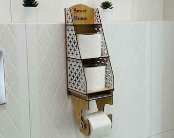 Porte-papier hygiénique en bois moderne | Organiseur mural de salle de bain | Décoration d'intérieur | Cadeau de pendaison de crémaillère | Cadeau pour voisin