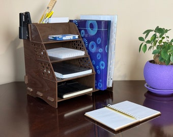 Wood Desktop Organizer, Home Office Decor, Rustic Office Storage, Desk Organization, Wooden Office Supply Holder